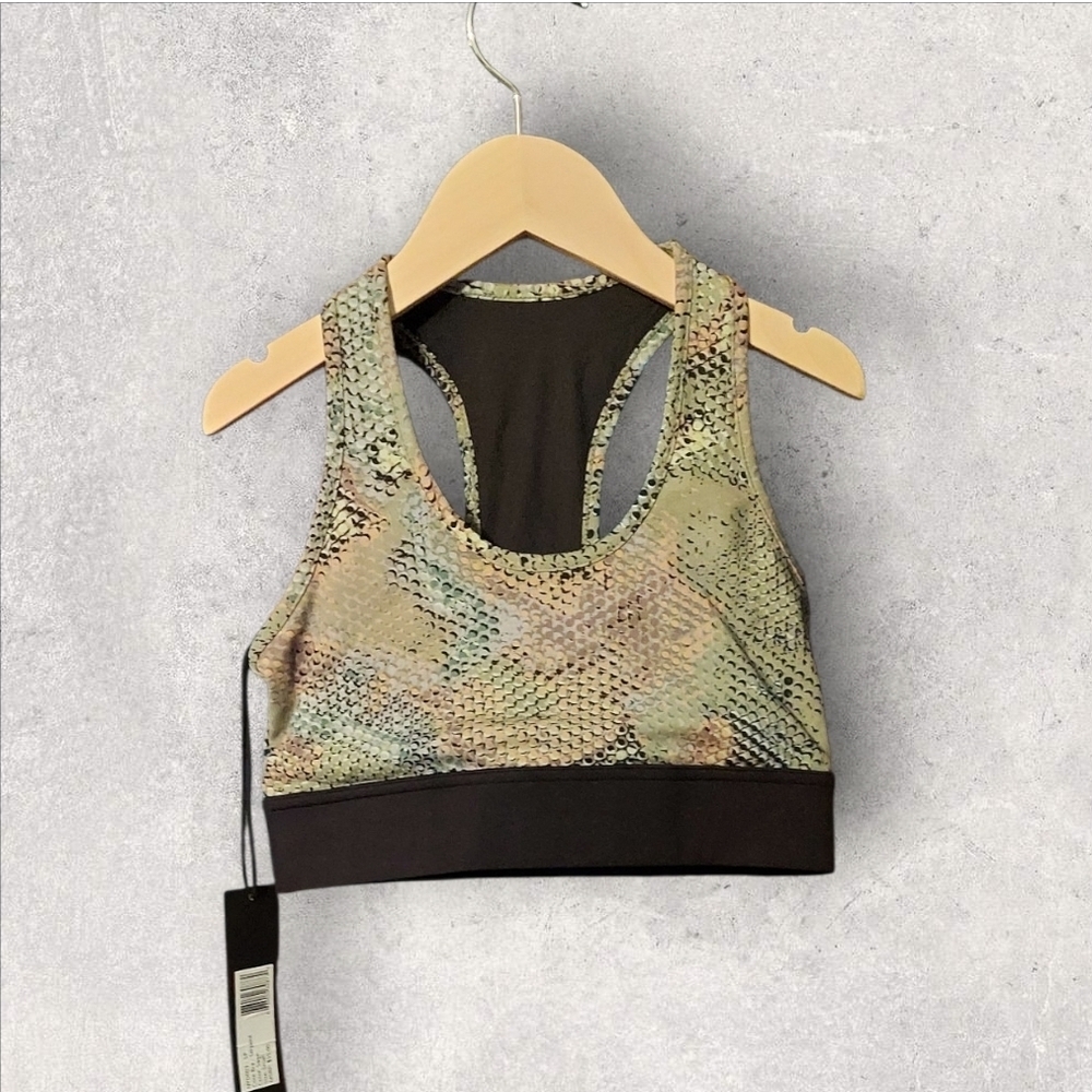 Noli Olive Green and Black Printed Racerback Sports Bra